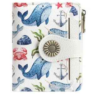 Cute cartoon whale printed short women bifold wallet white PU leather coin purse detail