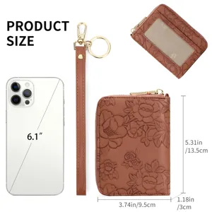 Vintage embossed floral pattern card holder wallet with zipper, RFID blocking and keychain.