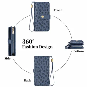 Blue leather long wallet for women, tri-fold design with clover embossed pattern and wrist strap.