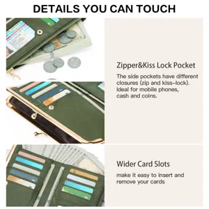 Retro green long wallet detail, multi card slots, zipper and kiss lock pocket features.