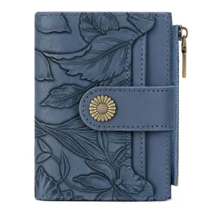 Women short retro embossed leaf wallet with daisy snap button and coin zipper pouch.