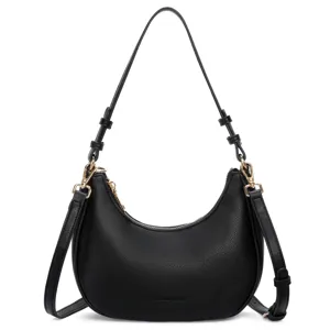 Black PU leather crescent shoulder bag for women, stylish hobo handbag with adjustable strap.