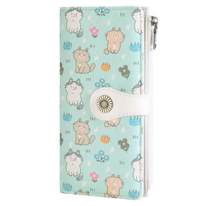 Women long wallet cute cat print microfiber leather zipper card holder clutch purse