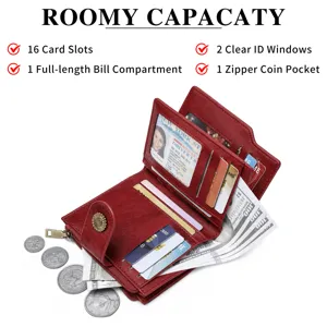 Detail view of the red leather women wallet interior showing multi card slots and cash pocket.