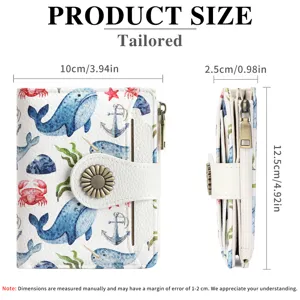 Women short PU leather wallet with cute marine animal print, compact bifold card purse 10cm.