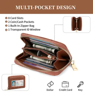 Close-up detail of the brown embossed wallet showing multiple card slots and zipper compartment.