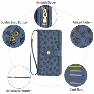 Blue long PU leather women wallet with clover embossed pattern, card slots and clutch.