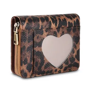 Cute leopard print short wallet for women, heart-shaped card slot zipper coin purse.