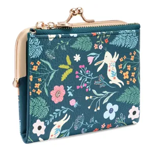 Floral print PU leather short wallet featuring a metal kiss-lock clasp and zipper pocket.