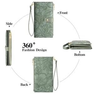 Green embossed floral long wallet for women with wrist strap card slots snap closure design.