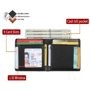 Monedero minimalista negro de cuero para hombre RFID con nueve ranuras para tarjetas y visor.