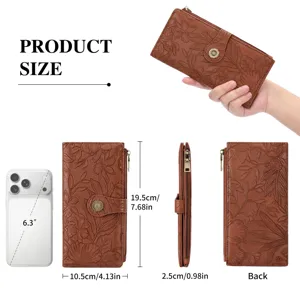 Women long vintage embossed floral wallet PU leather snap closure purse card holder bag