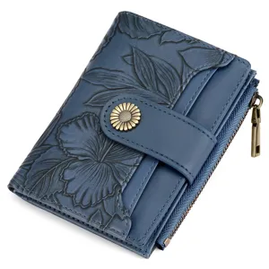 Women Short Wallet Vintage Embossed Floral Superfiber Leather RFID Blocking Bifold Purse With Metal Snap Coin Pocket