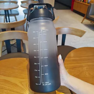 Detail shot of large capacity frosted gradient water bottle with clear scale lines.