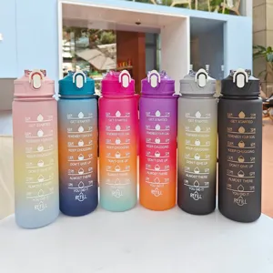 Large capacity gradient plastic water bottle with time marker and motivational quotes for fitness.