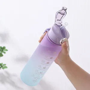 Gradient large capacity water bottle with time marker and straw for daily outdoor sports.