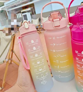 Large capacity gradient plastic water bottle with time marker, portable straw cup for outdoor fitness.