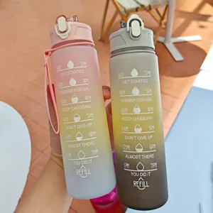 Gradient motivational time marker water bottle, portable outdoor plastic sports fitness cup detail.