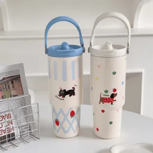 Cute cartoon insulated tumbler with handle and straw, large capacity portable water bottle for office.