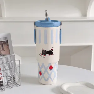 Cute cartoon stainless steel tumbler with straw, large capacity portable thermos cup detail.