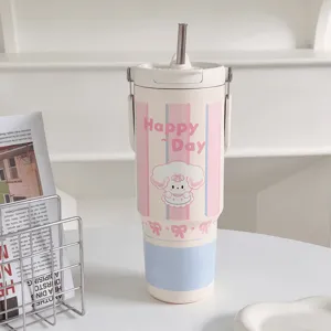 Large capacity insulated straw tumbler with cute cartoon sheep print, portable double-drink design.