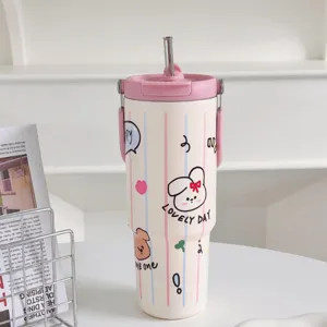Detail shot of cute insulated tumbler with straw and pink lid, perfect for office and daily use.