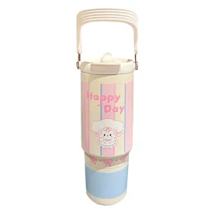 Cute cartoon insulated water bottle large capacity portable tumbler with straw handle