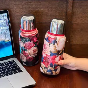 Bouteille Thermique Vide En Acier Inoxydable Rétro Bouteille D'Eau Isolée Portable Avec Infuseur À Thé Motif Floral Bureau Voyage