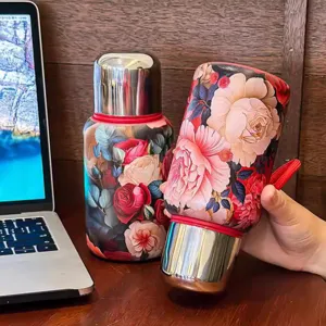 Tasse thermos en acier inoxydable rétro avec motif floral, bouteille d'eau portable.