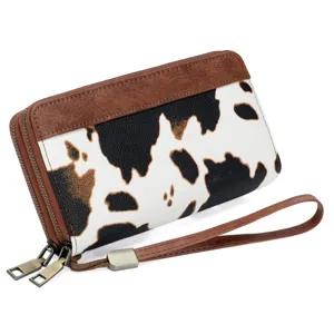 Women cow print double zipper long wallet vintage clutch bag wristlet purse RFID