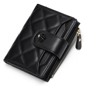 Women short quilted wallet black zipper card holder compact coin purse minimalist design