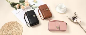 Women's vintage PU leather long wallet with double zipper and floral embossing detail.