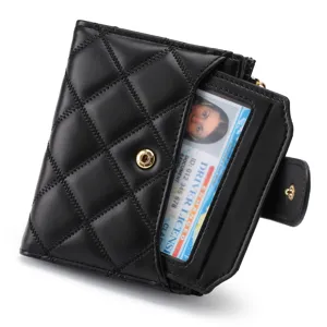 Women black quilted short wallet with card slots snap closure and coin zipper pocket