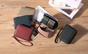 PU leather accordion card holder wallet with multiple slots, zipper closure, and coin pocket.
