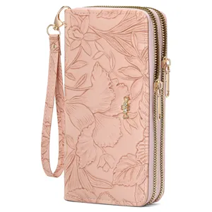 Women double zipper long wallet pink floral embossed leather clutch purse with wrist strap.