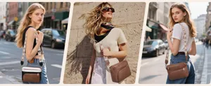 Fashion multi-functional crossbody shoulder bag with patterned adjustable strap and zippers.