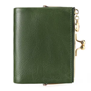 Green short wallet detail view, retro kiss-lock metal clasp, PU leather card holder pouch.