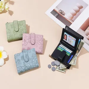 Women short PU leather wallet floral embossed trifold purse card holder with coin pocket