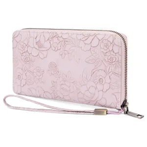 Elegant pink embossed floral long wallet with wrist strap and zip closure for women.