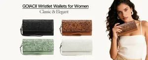 Detailed view of women long trifold wallet with vintage floral embossed pattern and wrist strap