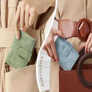 Detail view of stylish floral embossed PU leather short trifold wallet for women daily use.