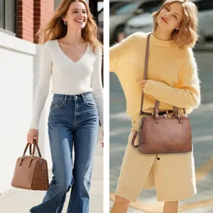 Detailed view of women's vintage PU leather brown handbag in stylish outdoor street outfits.