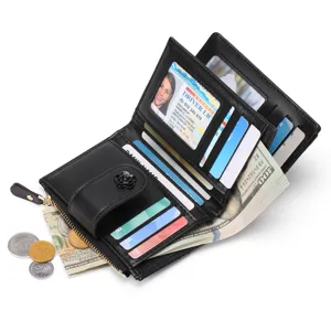 Women short black wallet with flower snap button, multi-card slots zipper coin purse.