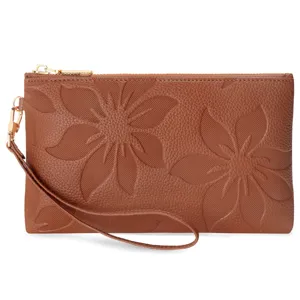 Women's Long PU Leather Wallet Minimalist Kapok Embossed Zipper Clutch Bag Wristlet Phone Purse Card Holder