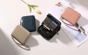 Detailed view of multi-card accordion PU leather zipper wallet featuring wrist strap.