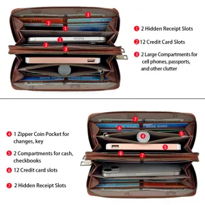 Women's double zipper long wallet retro brown leather large capacity clutch purse card holder