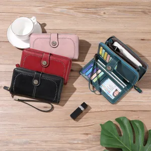 Portafoglio lungo in pelle cerata da donna grande porta carte con zip e cinturino polso