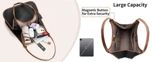 Detailed view of large capacity colorblock shoulder bag interior and magnetic snap closure.