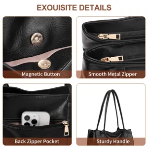 Exquisite black PU leather tote bag featuring magnetic button, metal zipper, and sturdy handle.