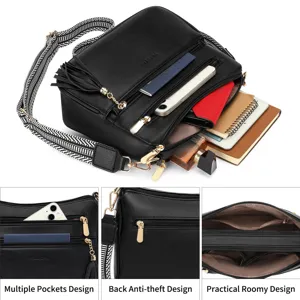 Black PU leather crossbody bag with patterned strap, multi-pockets and roomier inner design.